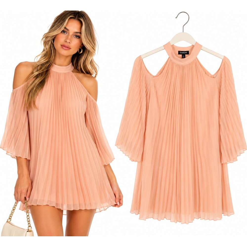 bebe Y2K Peach Pleated Cold Shoulder Mini Dress Size XS Bell Sleeve Halter
